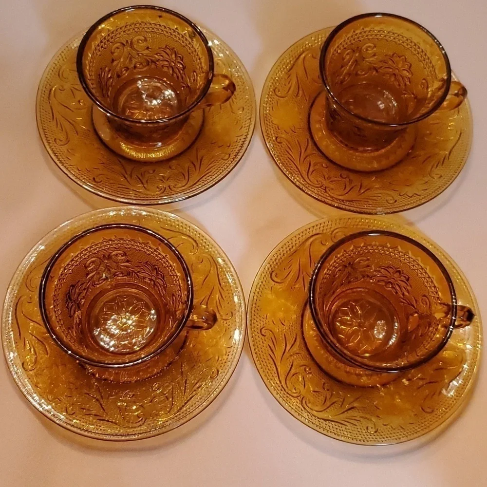 Vintage Tiara Crystal Cup & Saucer Set of 4 Sandwich Pattern Amber Indiana Glass - Picture 2 of 13